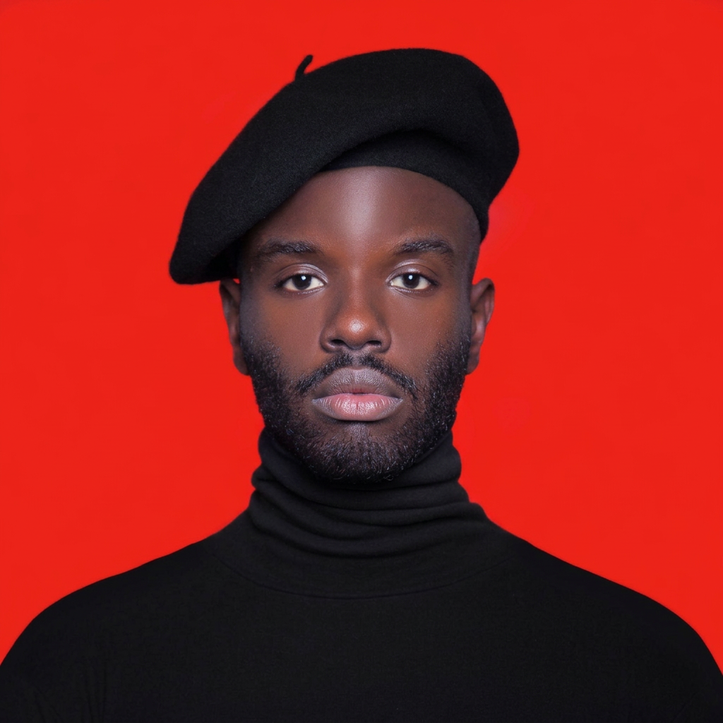 Jean-Claude Kalí in a black beret and turtleneck against a red backdrop